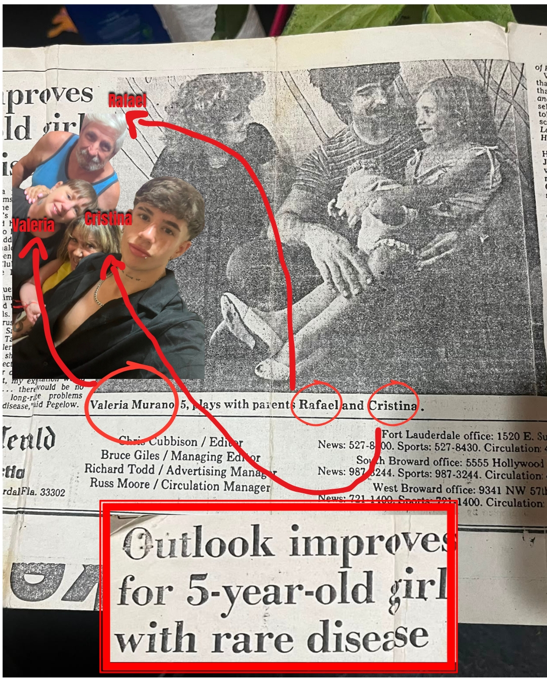 Recorte de periódico y foto familiar de la historia de la mamá de Nicolás